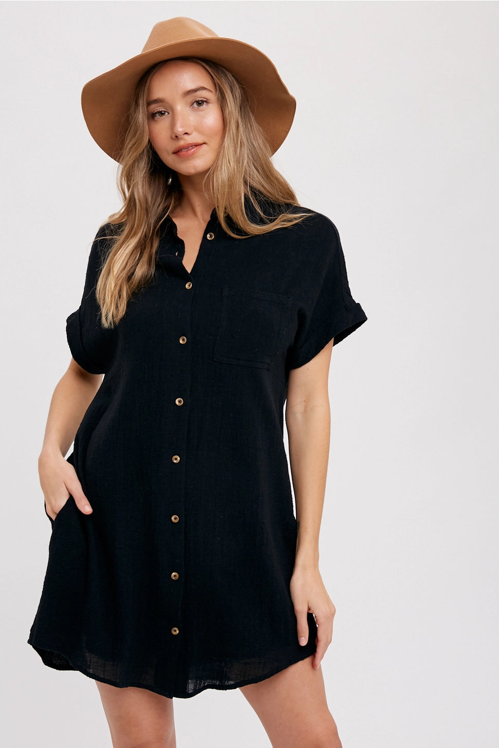 Button Up Shirt Dress with Pocket