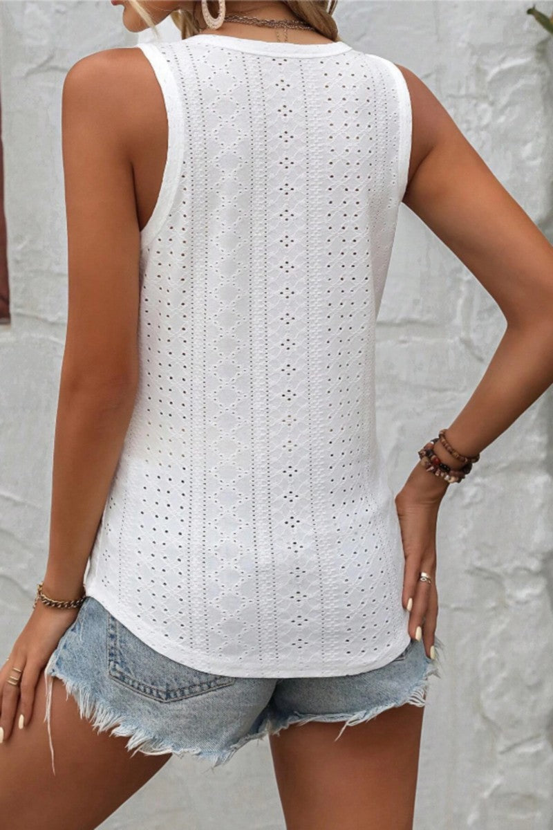 V-Neck Eyelet Detail Womens Tank Top