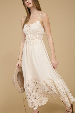 Front Self Tie Eyelet Scallop Hem Midi Dress