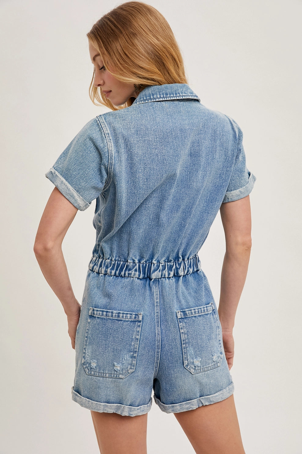 Washed Denim Short Sleeve Romper