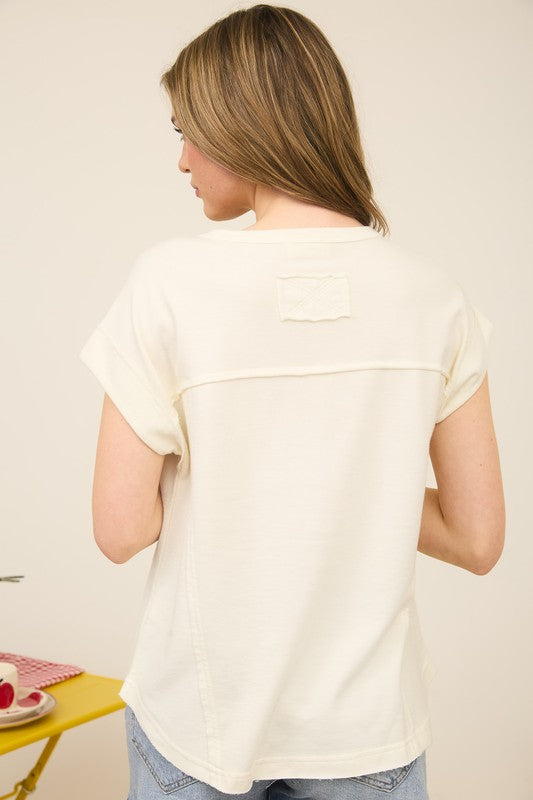 Exposed Seam Short Sleeve Henley Knit Top - Ivory