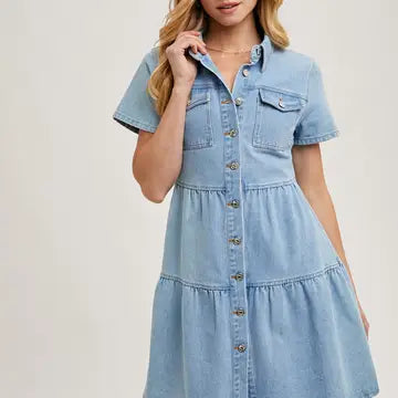 denim tiered shirt dress Tiered Button Up Long Sleeve Denim Mini Dress