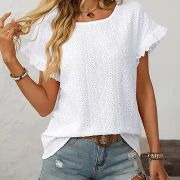Solid Color Crewneck Sweet Short-Sleeve Hollow-Out Top