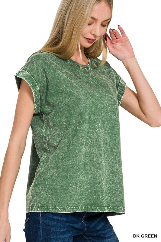 Crinkle Washed Round Neck Folded Short Sleeve Tee