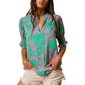 Mocked Cuff Puff Sleeve Floral Print Top