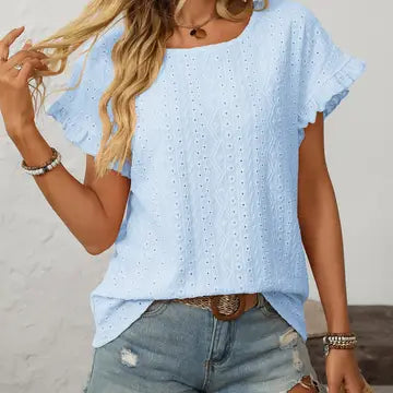 Solid Color Crewneck Sweet Short-Sleeve Hollow-Out Top