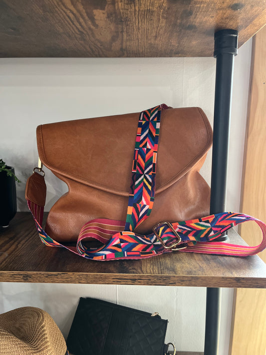 Brown Purse with Multi Colored Strap