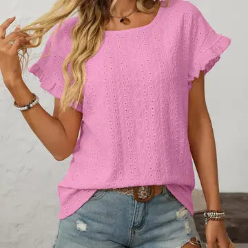 Solid Color Crewneck Sweet Short-Sleeve Hollow-Out Top