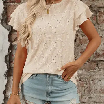 Women’s Eyelet Short Sleeve Top Ruffle Blouse Summer Tee