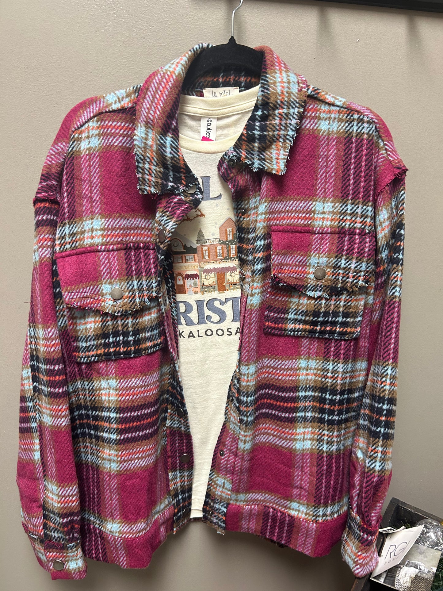 Loose Fit Raw Edge Plaid Shacket