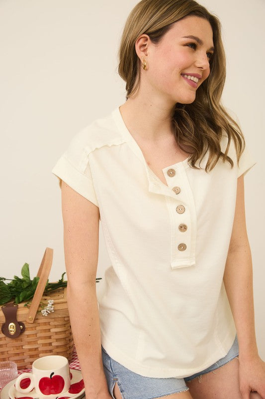 Exposed Seam Short Sleeve Henley Knit Top - Ivory