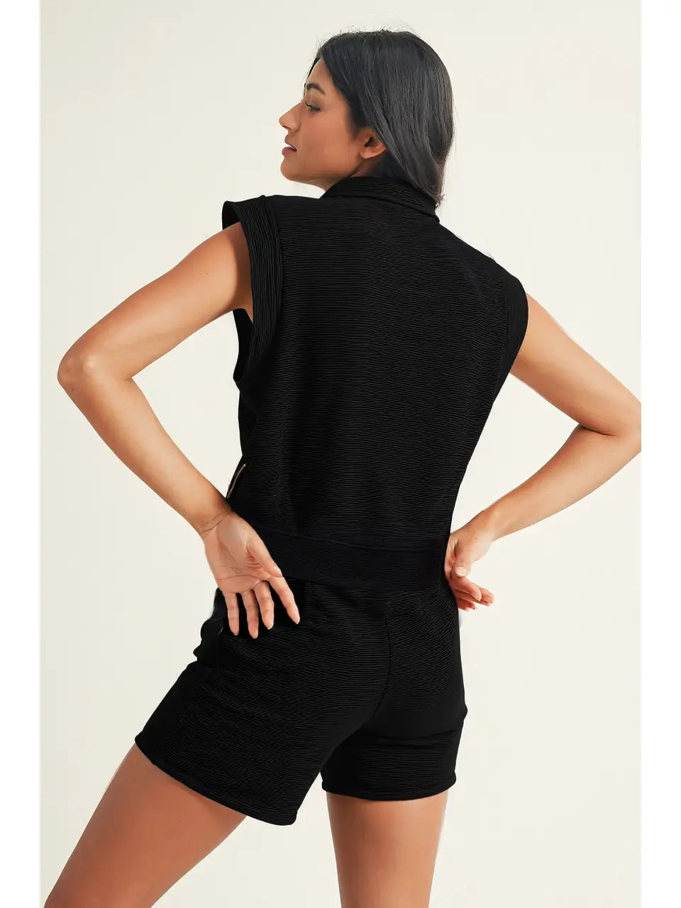 Textured Zip Kangaroo Pocket Top Drawstring Shorts Set