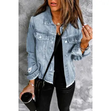Lapel Distressed Raw Hem Buttons Denim Jacket