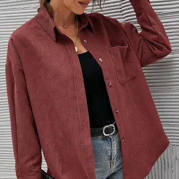 Oversized Corduroy Button-Up Shirt with Chest Pocket