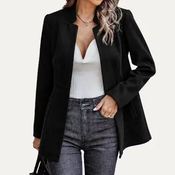 Striped Pattern Mock Neck Open Front Long Sleeve Blazer