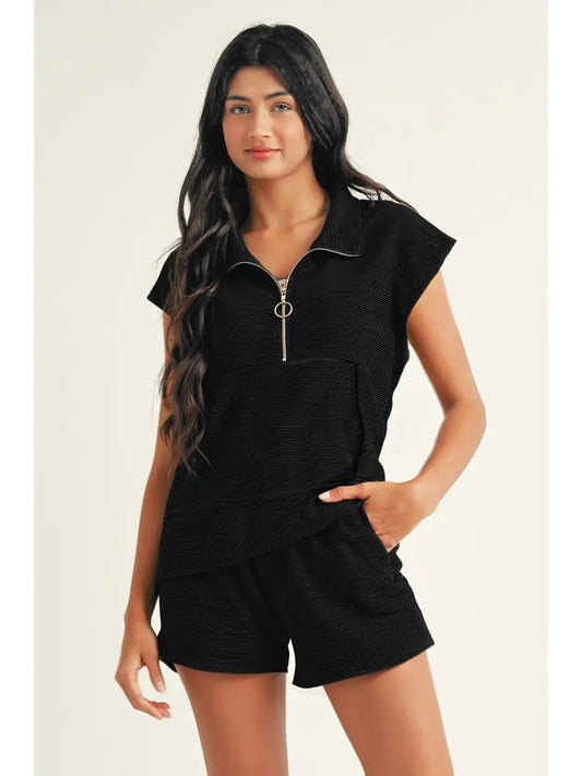 Textured Zip Kangaroo Pocket Top Drawstring Shorts Set