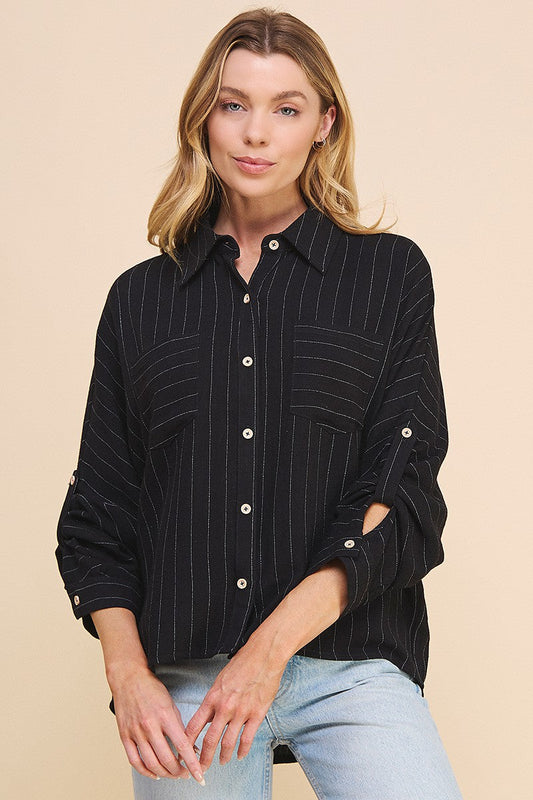 Linen Blend Pinstripe Dolmon Shirt